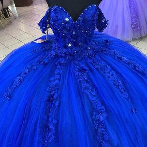 2023 Royal Blue Ball Jurk Quinceanera jurken bruidsjurken kristal kralen korset terug zoet 16 jurk vloer lengte tule kanten applqiues