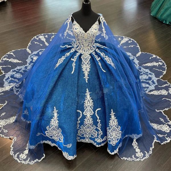 2023 Royal Blue Bury Quinceañera Vestidos Apliques de encaje Correas espaguetis con cabo Barrido Tren Corsé Volver Dulce 16 Fiesta de cumpleaños Baile de graduación Vestidos de noche 401 401