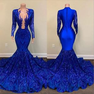 2023 Royal Blue Mermaid Prom Dresses Sparkly Lace Pailletten lange mouwen Black Girls African Celebrity Evening Jurk