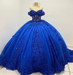 2023 bleu royal robes de Quinceanera dentelle appliques sur l'épaule perlée balayage train corset dos doux 16 fête d'anniversaire bal bal soirée robes