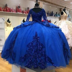 2023 Vestidos de quinceañera azul real Lentejuelas Apliques de encaje Cuello redondo Mangas largas Corsé con gradas Volver Dulce 16 Fiesta de cumpleaños Baile de graduación Vestidos de noche 401 401