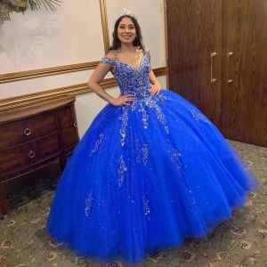 2023 bleu royal robes de Quinceanera bretelles dentelle appliques perlées longueur de plancher Tulle Satin sur mesure doux 15 16 princesse Pageant robe de bal robes