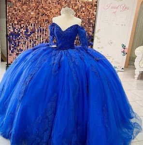 2023 Vestidos de quinceanera azul real con apliques de encaje con cuentas de la pelota con mangas largas de la fiesta de cumpleaños.