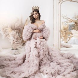 2023 Volants Sexy Robes De Bal Tulle Kimono Femmes Robe pour Photoshoot Hors Épaule Manches Bouffantes Robes De Soirée Cape Africaine Cape Robe De Maternité Photographie