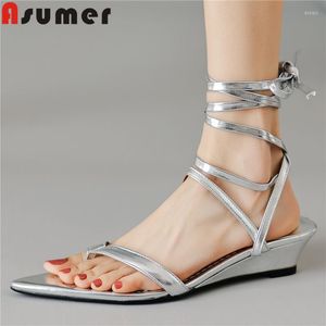 2023 Sandales ASUMER Véritable Cuir Slingbacks Top Vente Dames À Lacets Parti Femmes Compensées Med Talons Chaussures 318