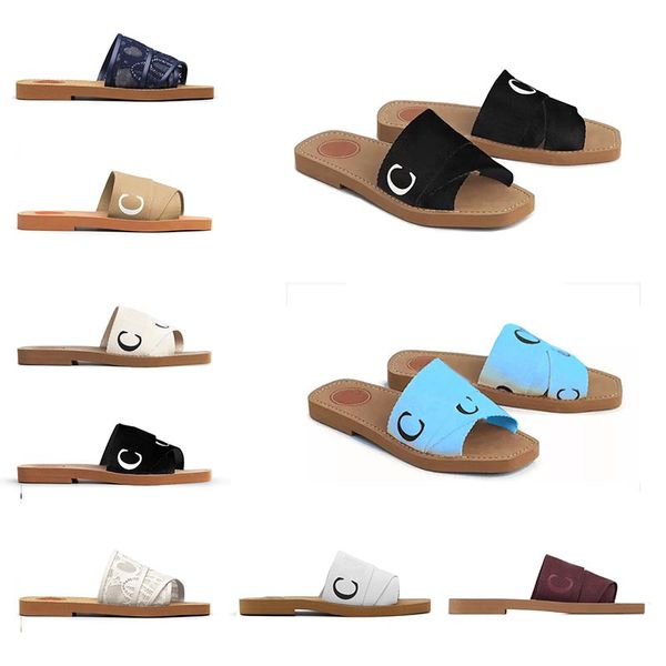 2023 Sandalias Woody Flat Mulas Diapositivas Mujer Zapatillas blanco negro Lona Punta cuadrada Encaje rosa azul Serpiente Hombre Verano Sandalia Moda Playa Al aire libre Zapatillas de casa