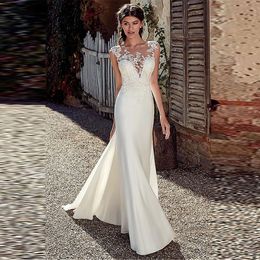 2023 Scoop Apliques de encaje simples Sirena Vestidos de novia Vestidos de novia Botones delgados Volver Mujer Novia Vestidos De Novia Primavera Cuello desnudo Tallas grandes