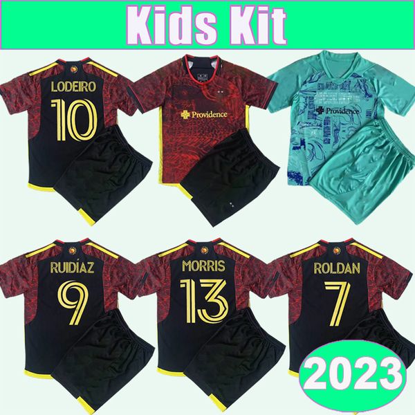 2023 Seattle Sounders FC Kit enfants Maillots de football ROLDAN RUIDIAZ LODEIRO MONTERO MORRIS Away Édition spéciale Costume enfant Maillots de football