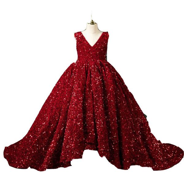 2023 Lentejuelas Rojo oscuro Puffy Vestidos de niñas de flores para bodas Cuello en V Lentejuelas Encaje Niños Fiesta de niños Vestidos de comunión Vestido de fiesta de longitud alta y baja