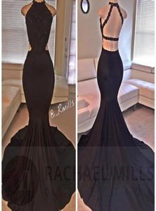 2023 Sexy Black High Neck Satin Mermaid Long Prom Dresses Lace Penken Backless Avond Side Slit Formele feestjurken1677955