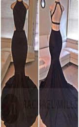 2023 Sexy Black PROM Dress Halter Satin Mermaid Long Lace Sequins Beaded Backless Side Night Faily Fiest Farty Gotss African Rob9276771