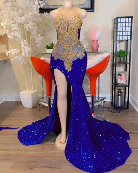 2023 Vestidos de fiesta de sirena sin espalda sexys Lentejuelas azules reales Cuentas doradas Tallas grandes Vestidos formales para ocasiones de noche Robe De Soiree