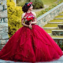 2023 Sexy Rouge Foncé Robes De Quinceanera Robe De Bal Hors Épaule Dentelle Appliques Perles De Cristal Plus La Taille Douce 16 Fermeture À Glissière Dos Formelle Fête Robes De Soirée