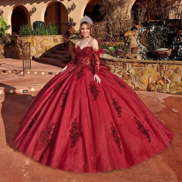 2023 Sexy Rouge Foncé Robes De Quinceanera Plume Dentelle Appliques Perles De Cristal Chérie Tulle Plus La Taille Formelle Fête De Bal Robes De Soirée Balayage Train Manches Longues