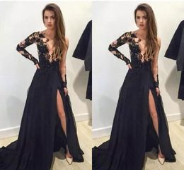 2023 Sexy Long Black Prom-jurken Appliques diep V-hals lange mouwen zijde Split Evening feestjurken op maat gemaakte Vestisdos de novia