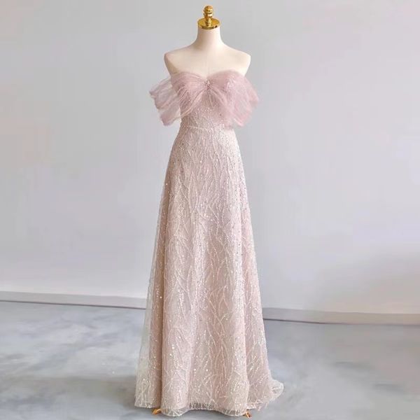 2023 Vestidos de cóctel largos atractivos Blush Pink Apliques de encaje Flores con cuentas Cristal de lentejuelas Satén fuera del hombro Vestidos de fiesta de lujo Fiesta de bienvenida Vestido de cóctel de mujer