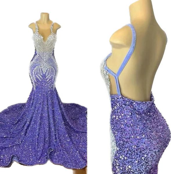 2023 Sexy sirène robes de bal lavande pour les filles noires cristal strass paillettes dentelle perles dos ouvert longue formelle anniversaire robes de soirée grande taille