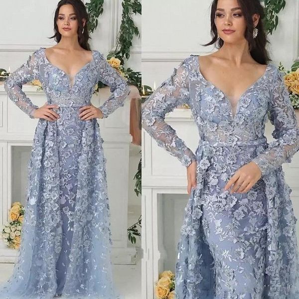 2023 Vestidos de fiesta de sirena sexy Ilusión de novia Cristal plateado con cuentas Flores grises Vestidos de noche de fiesta Tren de barrido Faldas de manga larga