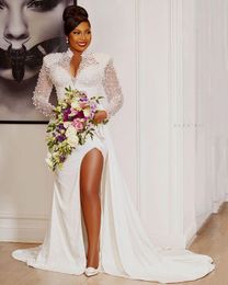 2023 Sexy Robes De Mariée Sirène Africaine Col Haut Dentelle Appliques Perles Perles Côté Split Illusion Manches Longues Robes De Novia Robes De Mariée Overskirts