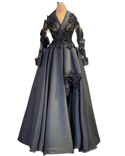 2023 Sexy mère de la mariée robes col en V grande taille sirène manches longues dentelle appliques perles de cristal côté fendu noir satin Pa257r