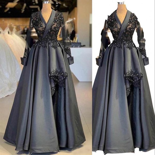 2023 Sexy Mère De La Mariée Robes Col En V Plus La Taille Sirène Manches Longues En Dentelle Appliques Perles De Cristal Côté Split Noir Satin Pa267F