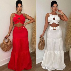 2023 Sexy Party Two Piece Dress Set Femmes Vintage Street Summer Sets Strap Floral Crop Top Et Big Swing Maxi Jupe Longue Plus La Taille S-3XL Costume Outits