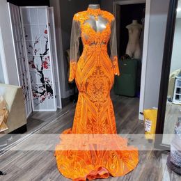 2023 Sexy prom -jurken Mermaid oranje hoge nek lange mouw illusie illusie lovertjes kant formele avond feestjurken pailletten afstuderen jurken
