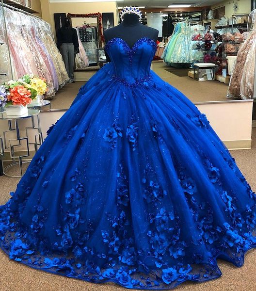 2023 Robes De Quinceanera Sexy Bleu Royal Robe De Bal Chérie 3D Fleurs Florales Perles De Cristal Perles Doux 16 Robe De 15 Anos Soirée Formelle Robes De Soirée De Bal