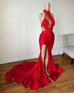 2023 Sexy Red Mermaid Evening Formele kleding Hoge nek Kantjes Lace kralen Satin Silt Prom Party Birthday Engagement Jurken Robe de Soiree
