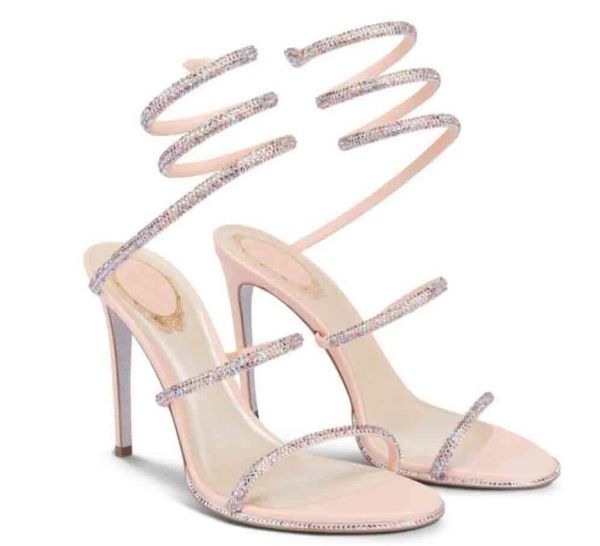 2023 Sexy Renes- C Sandales En Cuir Ornées De Cristal Chaussures À Bretelles Femmes Belles Pompes Marques De Luxe Été CaovillaS Lady Talons Hauts Fête De Mariage De Mariée