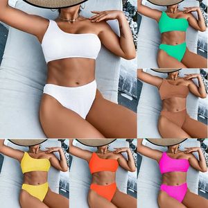 2023 Bikini acanalado sexy Trajes de baño para mujer Traje de baño de un hombro Biquini para mujer Bikinis brasileños sólidos Conjunto Trajes de baño Drop 231225