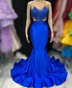 2023 Sexy Royal Blue Mermaid Evening Formele kleding Sheer Lace kralen Satin Prom Party Birthday Engagement Jurken Robe de Soiree