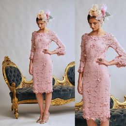 2023 Sexy Short Pink Mother of bride dresses Illusion Full Lace Hand Made Flowers Knee Length Plus Size Party Wedding Guest Gowns Long 193M
