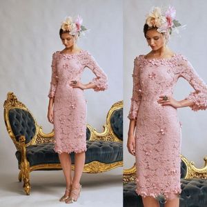 2023 Sexy korte roze moeder van bruid jurken illusie volledige kanten handgemaakte bloemen knie lengte plus size feest bruiloft gasten lang 193m