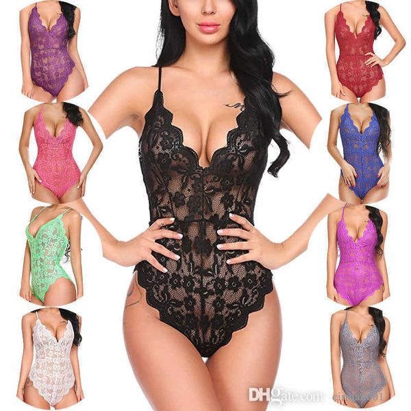 2023 sous-vêtements Sexy grande dentelle une pièce fronde pyjamas Perspective multicolore vêtements de nuit femmes Lingerie dos nu body