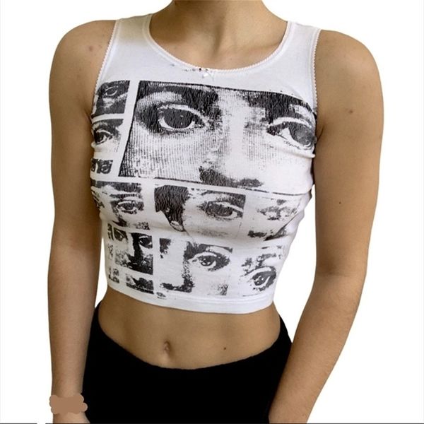 2023 Sexy Women Tops Chaleco Top Top NUEVA Moda impresa Camiseta sin mangas de cuello redondo Camiseta corta delgada para mujer