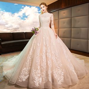 2023 Sexy femmes robe de mariée dentelle longue robe longue maille dentelle manches pure chérie cristaux lourds robes de bal balayage train robe de mariée robe de mariée robe de noiva