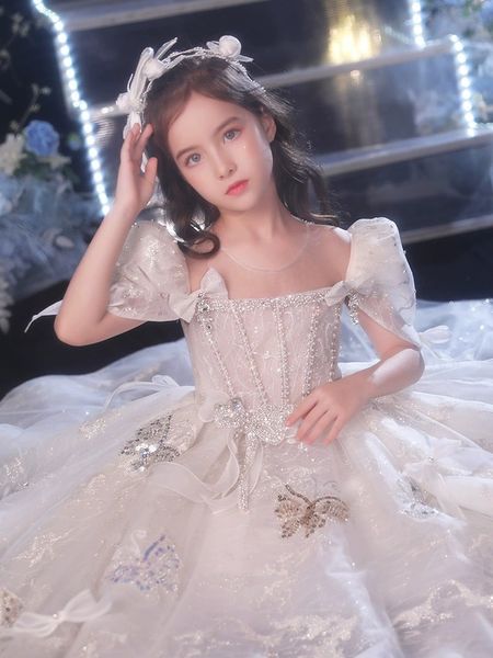 2023 Diseño brillante Vestidos para niñas de flores para bodas Perlas largas de princesa Lentejuelas Vestidos de fiesta para desfile Vestido de primera comunión para niños Adolescentes vestido de desfile para niña