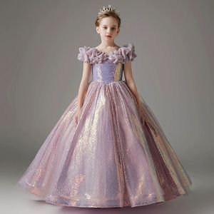 2023 brillant filles Pageant robes pour les mariages longue robe de bal hors épaule violet blingbling perles fleur fille robe princesse nouveau enfants anniversaire première robe de communion