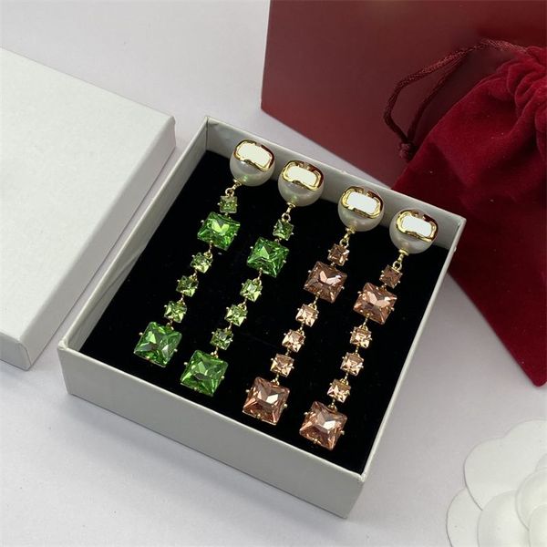 2023-Shiny Square Diamond Studs Pearl Letter Designer Boucles d'oreilles Strass Pendentif Eardrops Crystal Dangler With Box