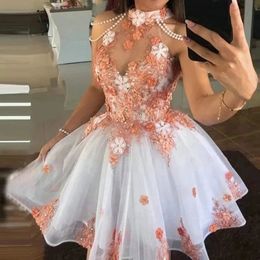 2023 robes de cocktail courtes col haut dentelle appliques cristal perlé perles 3D fleurs florales longueur au genou robes de soirée robe de bal de retour une ligne