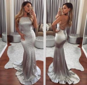 2023 Silver Mermaid Prom -jurken Designer Halter Criss Criss -banden Pailletten op maat gemaakte vloerlengte avondjurk formele gelegenheid slijtage vestidos plus maat