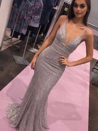 2023 SILVER PROM -jurken Spaghetti -riemen Beading Mermaid vloer lengte kristallen op maat gemaakte avondjurk formele gelegenheid slijtage vestidos plus maat