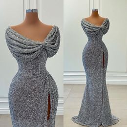 2023 Argent Paillettes Sirène Robes De Soirée Haute Split Sans Manches Designer Ruché Sur Mesure Occasion Formelle Porter Arabe Robe De Bal Robes