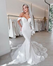 2023 Einfache Meerjungfrau Brautkleider Satin Schulterfrei Illusion Kurze Ärmel SpitzeAppliques Brautkleider Plus Size vestido de noiva Custom Made Sweep Train