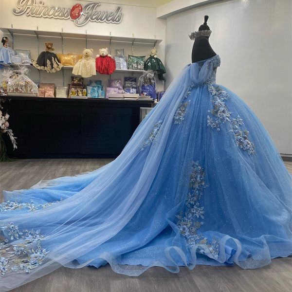 Robes Quinceanera mexicaines bleu ciel, avec appliques de perles florales 3D, XV Ans, robe de soirée douce 16, 2024