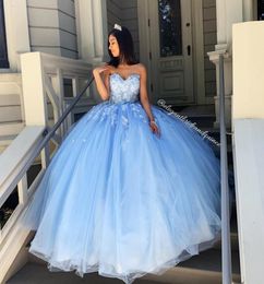 2023 Sky Blue Quinceanera -jurken 3D Bloemen kanten Applique Corset ruglucht Sweetheart Halslijn Custom gemaakt Sweet 16 Princess verjaardagsfeestje baljurk vestidos