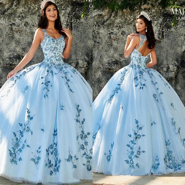 2023 bleu ciel robes de Quinceanera appliques perles encolure dégagée princesse robe de bal Sweet 16 Tulle princesse robe de bal robe de soirée245P