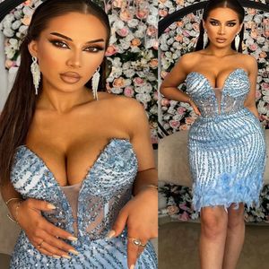 2023 Sky Blue Sheat Robe Graduation Robe Feather Lace Lace Short Mini Homecoming Party Forme Cocktail Forme Robes Robes ZJ420