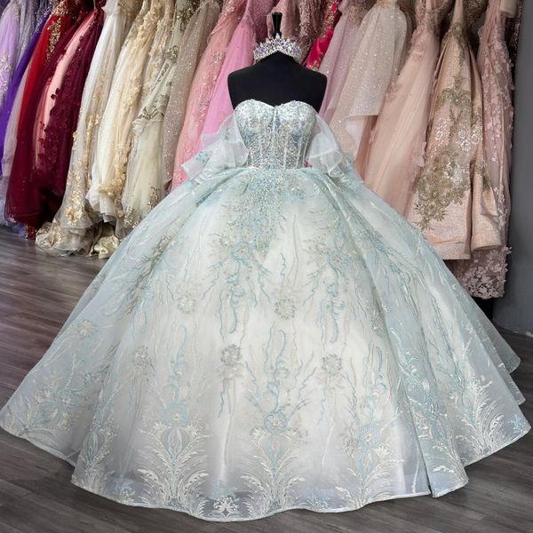 2024 Vestido de quinceañera de novia azul cielo Apliques de encaje brillantes Lentejuelas Flores 3D Dulce 16 Vestido de fiesta de princesa Vestidos De 15 años